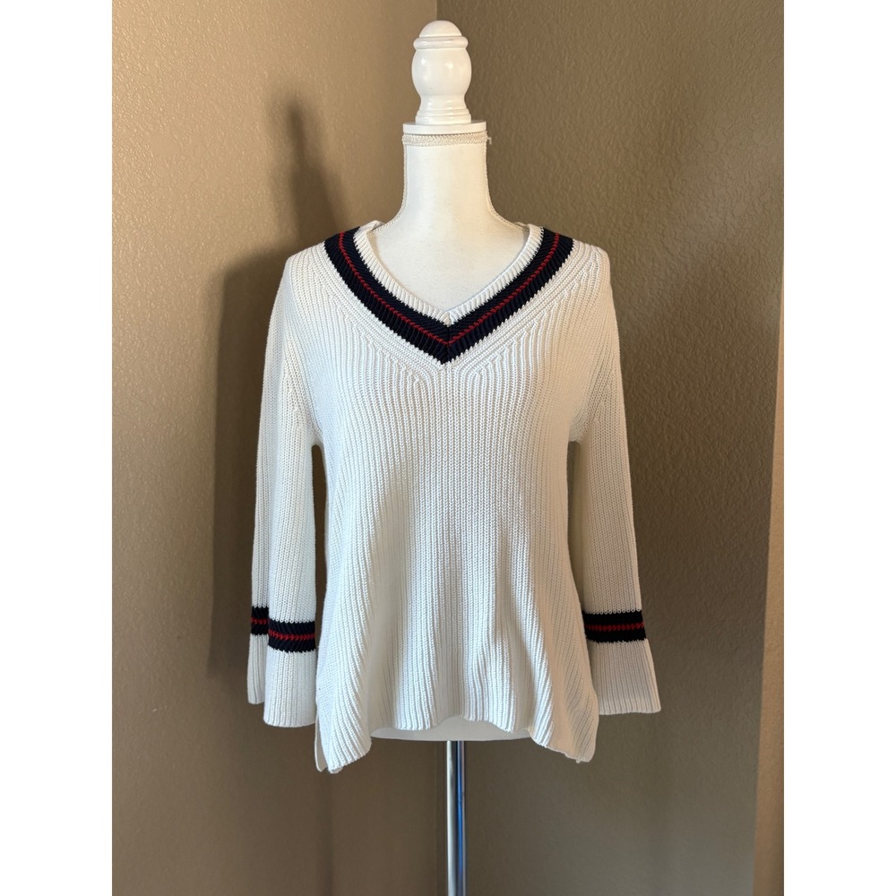 Cabi Varsity Pullover Sweater Womens Small White V-Neck Shaker Knit Striped
